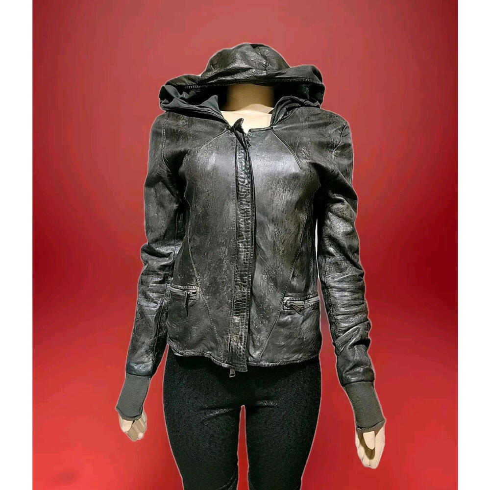 Giorgio Brato Women’s 42/US6 Soft Distressed Leather Black Hooded Jacket #C4